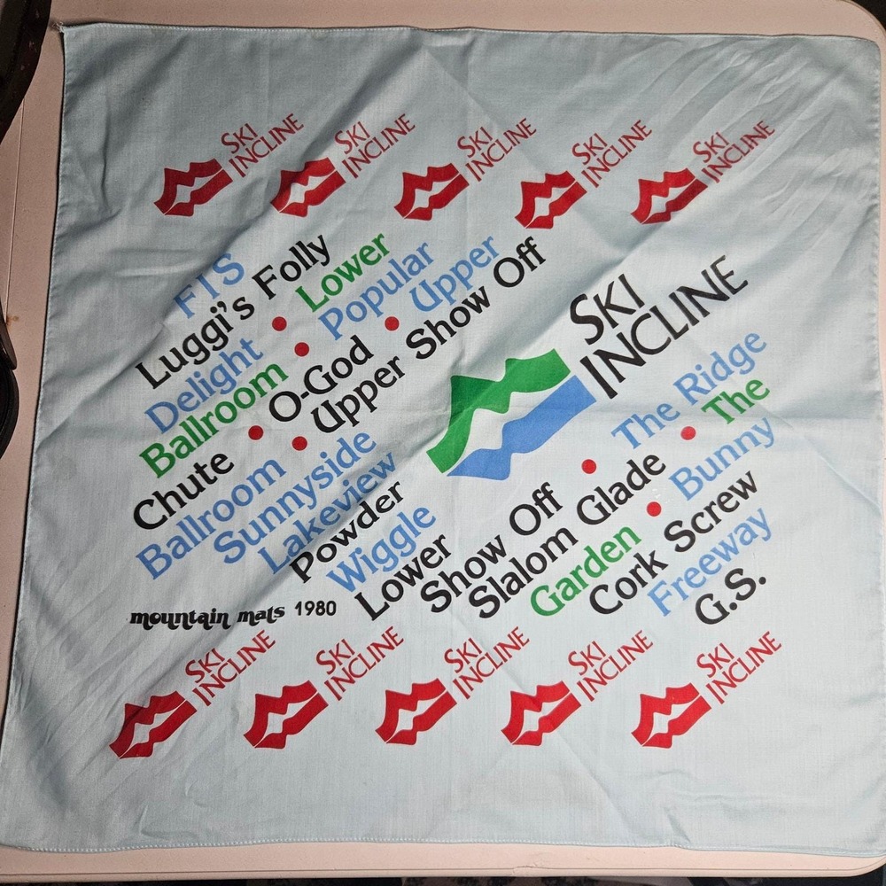 Vintage 1980 Ski Incline Mountain‎ Mats Trail Map Bandana Light Blue 22x22